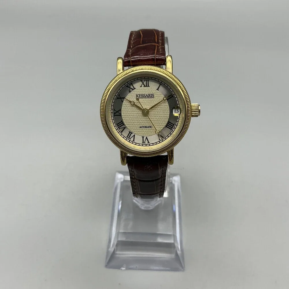 Kessaris Womens Watch 30mm Gold Tone Cream Dial Date 17255 Leather Automatic
